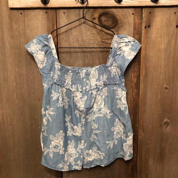 Old Navy Smocked Square Neck Floral Jean Top in Blue Size Medium - Picture 1 of 15